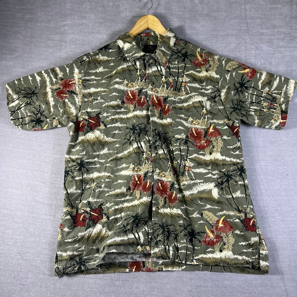 Pacific Coast Highway Hawaiian Tropical Print Button Up Shirt Mens Large Green